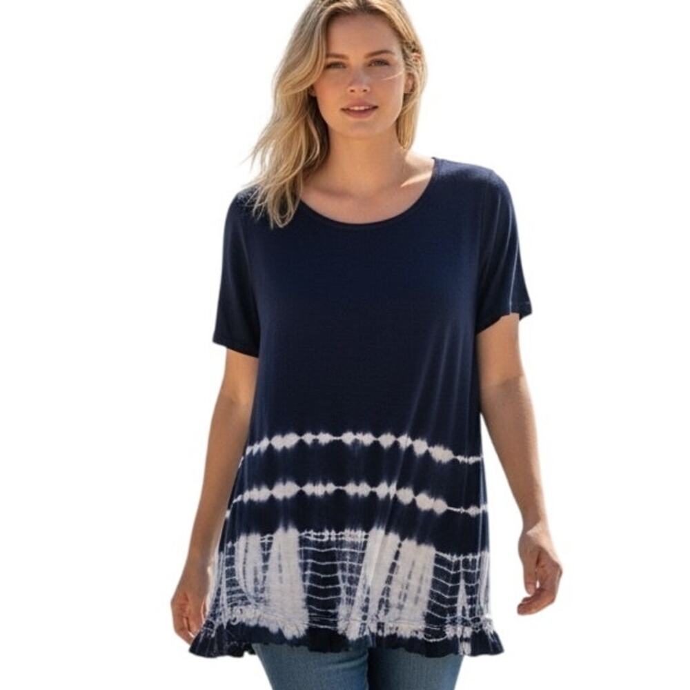 Style & Co Tie Dye Tee Womens XXL Navy Ruffled Hem Beachy Casual Knit Boho Top